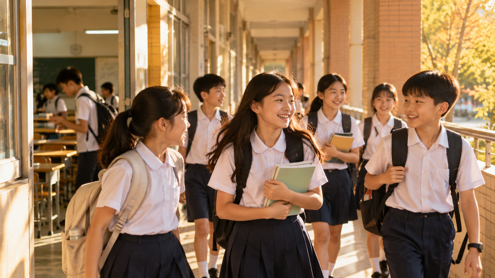 私立中學學生放學走出校園準備入學考試情境